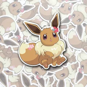 Eevee Sticker with Flowers - Anime Waterproof Vinyl Sticker, Decal for Laptop, Water Bottle, Car, Gamer Gift
