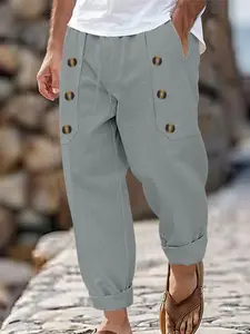 Men's Linen Harem Pants, Summer Tropical Beach Shorts, Casual Tropical Style, Loose Drawstring Double Button, Lightweight Breathable Low Waist Vacation Pants