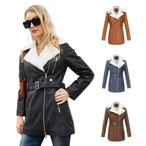 BIGWIG women's faux leather jacket, autumn and winter warm coat with zipper pockets, mid-length wool lined sheepskin lapel warm coat, thick leather jacket, thick lining warm winter jacket, high collar jacket