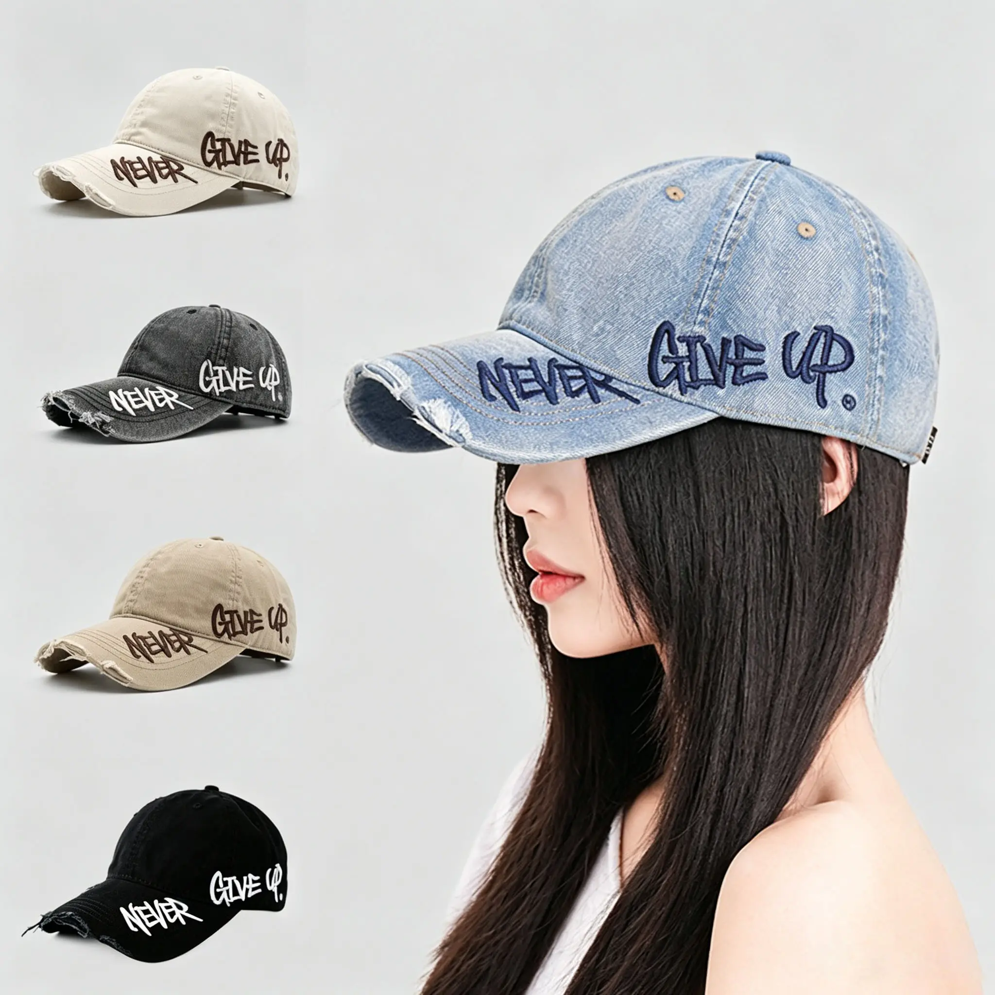 Unisex Vintage Washed Denim Baseball Cap - 'Never Give Up' Embroidered, Adjustable Snapback, Distressed Finish, Metal Buckle Fit, Retro Wash Look, Retro Graffiti Art, Unisex Street Fit, Daily Casual Use