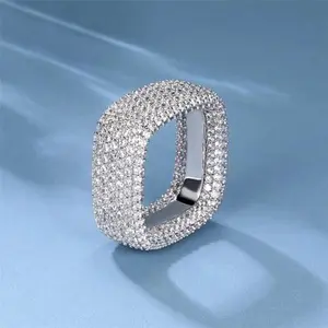 GEMSME Iced Out 18K White Golden Plated Iced Out Engagement Promise Wedding Eternity Square Ring for Women Men, Sparkling Cubic Zirconia Rings
