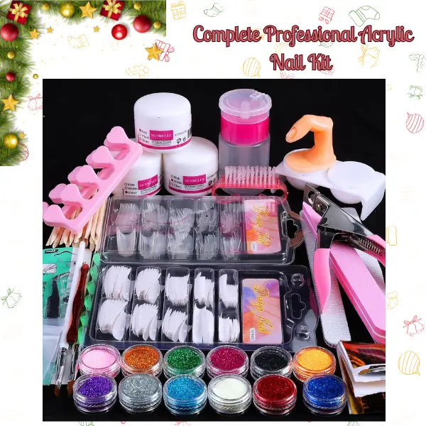 Professional Acrylic Nail Kit Set with Glitter Powders, Tips & Tools – Complete DIY Nail Art Supplies for Beginners, Perfect Christmas Gift for Women & Girls
