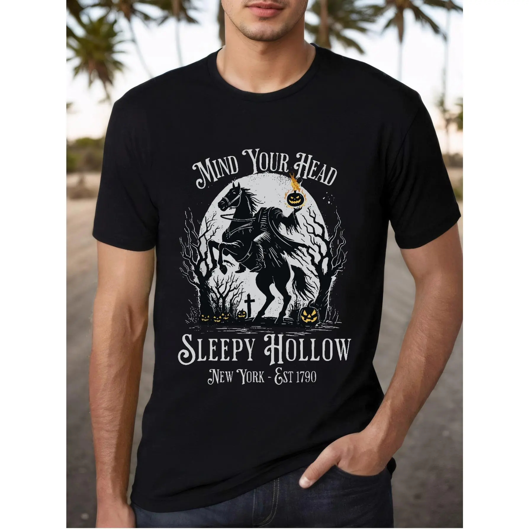Casual Style| Men'S Sleepy Hollow Vintage Halloween T-Shirt - Headless Horseman & Pumpkin Graphic, Casual Cotton Tee, Short Sleeve, Round Neck, All-Season Wear, Halloween Clothes