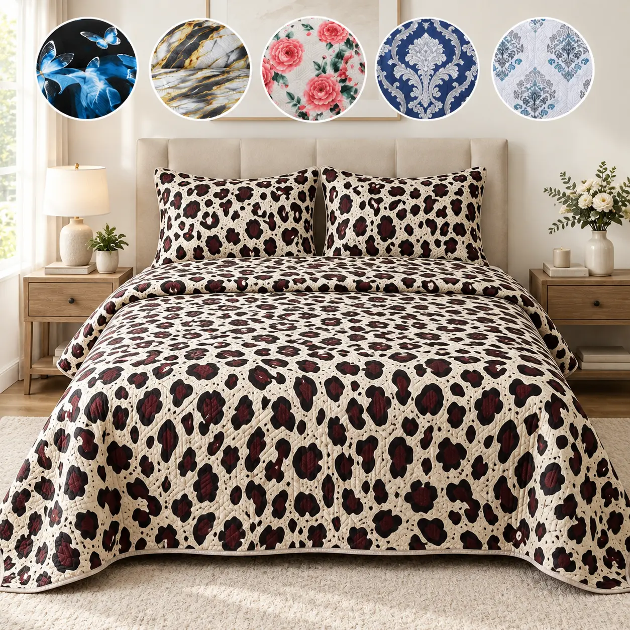 King Size 3-Piece Bold Leopard Print Quilted Animal-Themed Bedding Set - Ultrasonic Quilting, Lightweight Layerable Coverlet, Casual Novelty Style, All-Season Bedroom Decor (Animal-Themed Bedding Sets Collections)