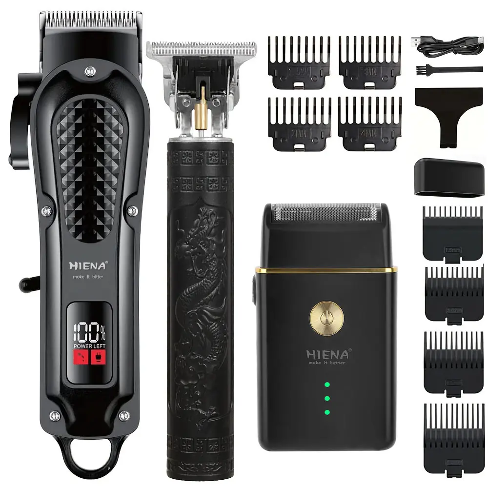 3/1-Piece Professional Black Hair Clipper & Trimmer Kit for Men - USB-Rechargeable Barber Set Featuring LCD Display, Adjustable Blade Hair Clippers, and Professional Men's Trimmer
