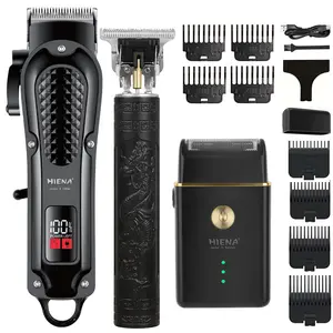 3-Piece Professional Black Hair Clipper & Trimmer Kit for Men - USB-Rechargeable Barber Set Featuring LCD Display, Adjustable Blade Hair Clippers, and Professional Men's Trimmer