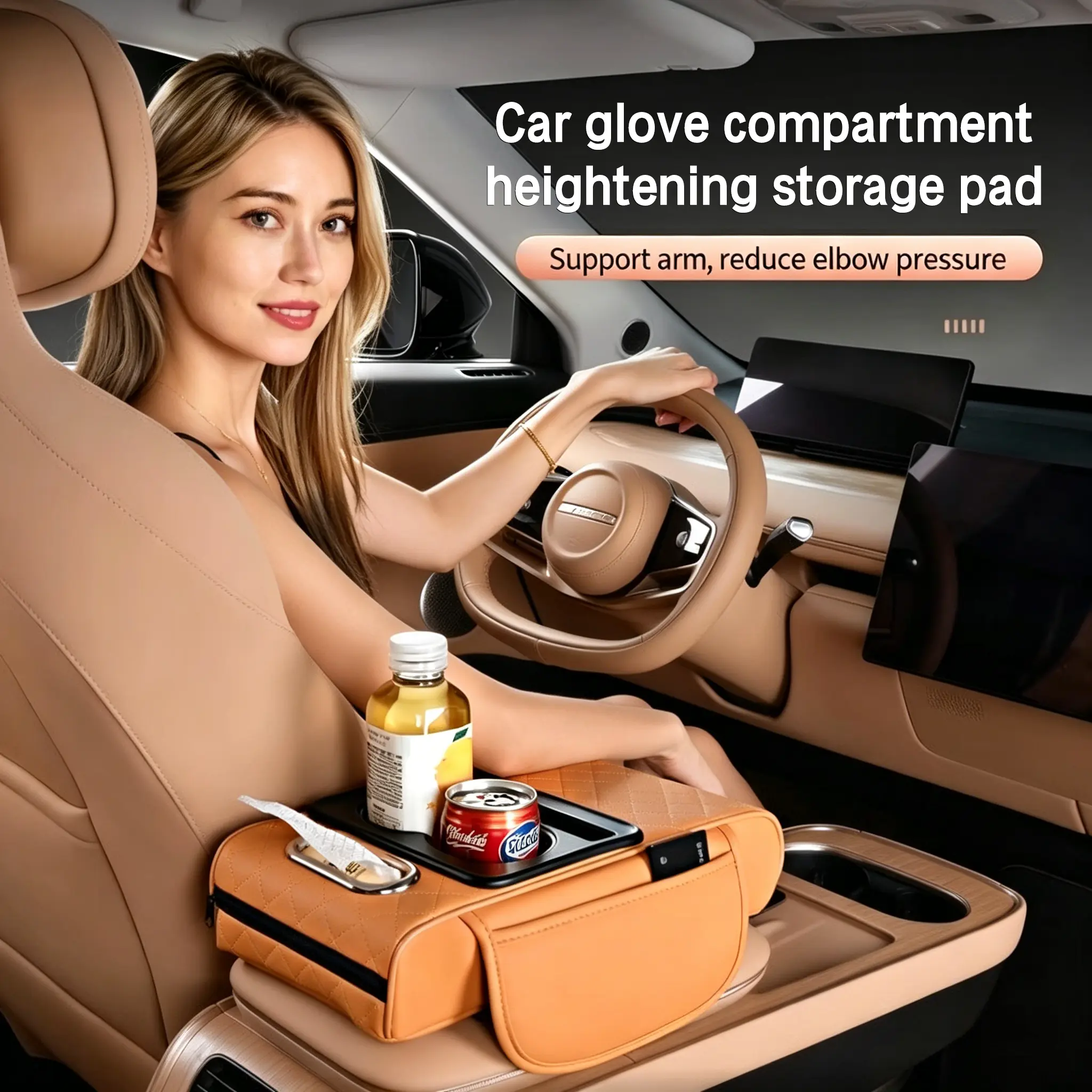 Multifunctional Car Armrest Storage Box Heightening Pad, Quilted Leather Center Console Armrest Cushion with Cup Holders, Tissue Box & Side Storage Pockets, Universal Car Arm Rest Elbow Support Organizer Auto Interior Accessories for Sedan SUV Truck Van