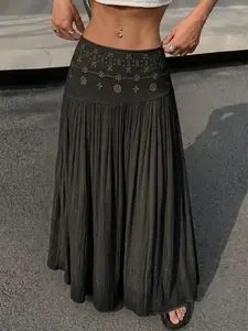 Textured Embroidery Hollow-out-waisted Apricot Long Skirt, Boho style, crafted with soft, wrinkle-resistant, perfect vacation, daily, Everyday, casual and date wear