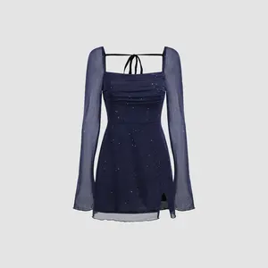 Cider Square Neck Solid Glitter Knotted Mini Dress