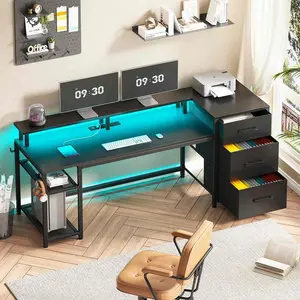Sikaic 59 Inches Reversible LED Gaming Desk with File Drawers Black