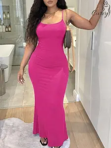 Lovelywholesale Plus Size Sleeveless Halter Plain Solid Basic Long Tailored Fit Dress, Casual Elegant Summer Fashion, Comfortable & Stylish Women's Clothing，For Spring & Summer Day Evening