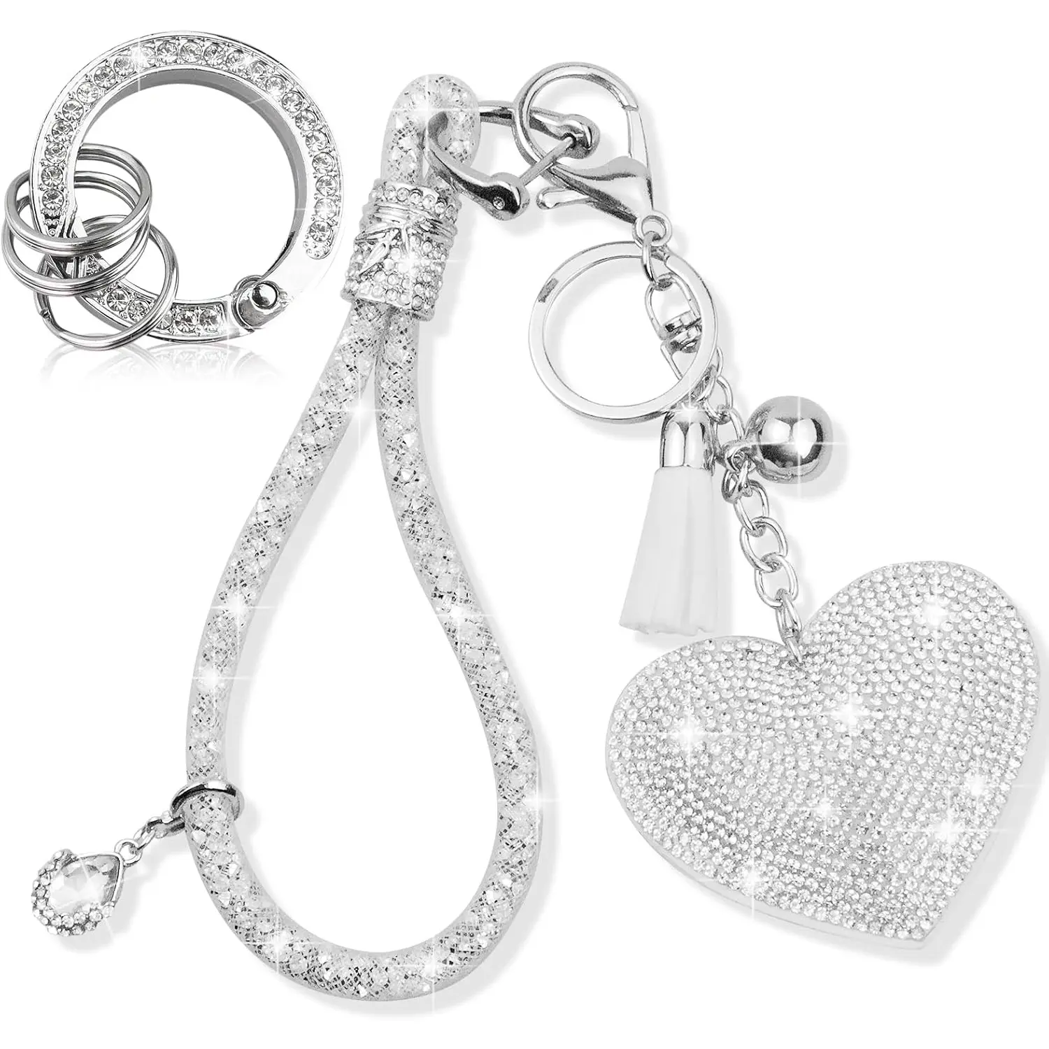Women's Retro Crystal Keychain Set - Rhinestone Heart Key Pendant, Tassel Accent, Glitter Diamond Key Rings, Car Accessories for Women, Birthday Car Decor Gift, Interior Accessory