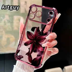 Dew - kissed Lilies' Rhapsody Pattern Four Corner Anti-Fall Phone Case Transparent Electroplated Protective Cover for iPhone 17 Pro Max Air 16 15 Plus 14 13 12 11 E