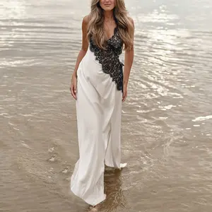 YJ25491MHO-Women's Lace Patchwork V-Neck Maxi Dress, Elegant Sleeveless Spaghetti Strap Summer Long Sun Dress with Slit for Beach Vacation, Easter Garden Party & Wedding Guest