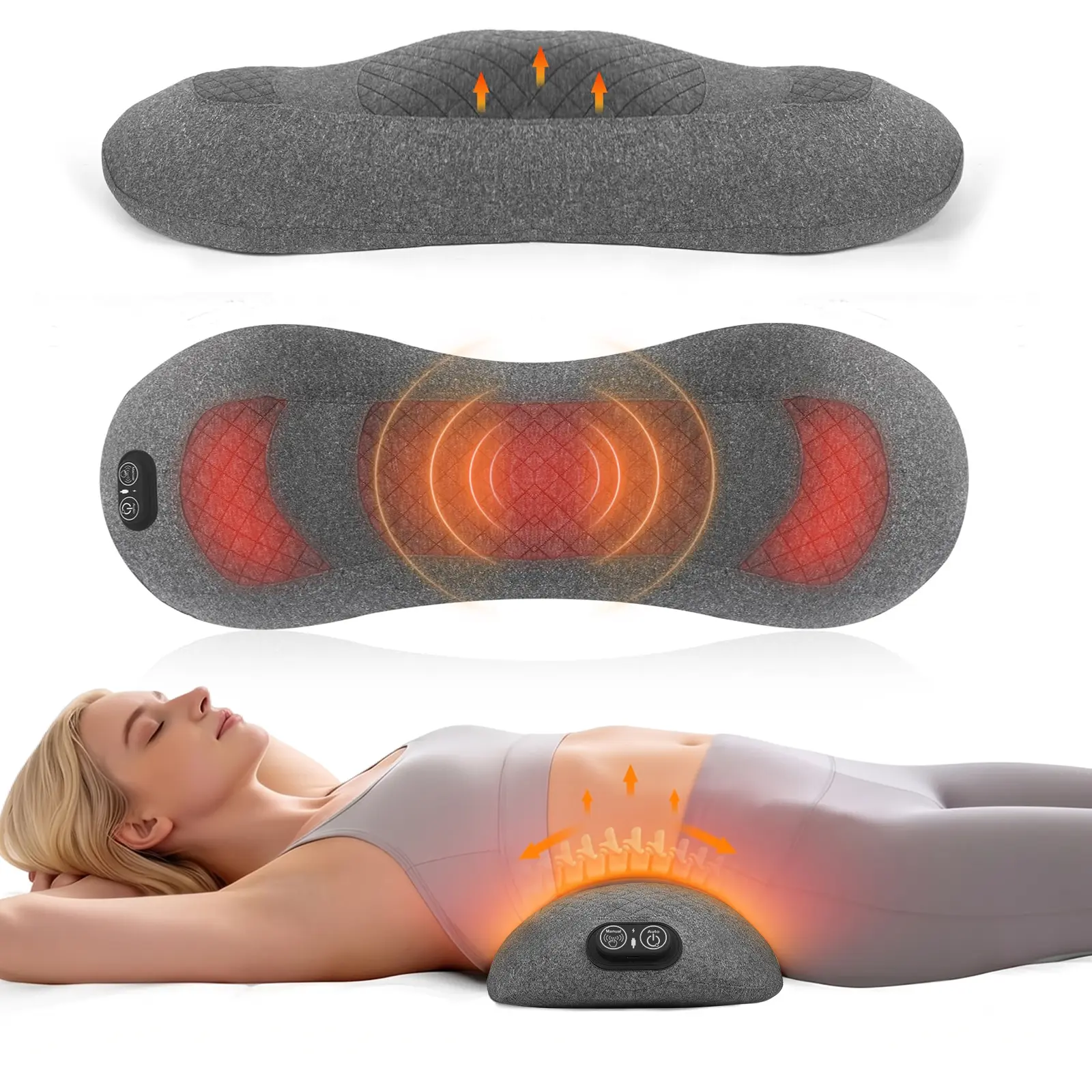 Triple Fusion Electric Lumbar Support Pillow with Fabric, Traction, Heat & Vibration Massage, Somatic Therapy - Massage Devices for Adults, Lower Back Pain Relief, Stomach Body Sculpting Tool, Adjust Intensity (Bed & Chair Use)