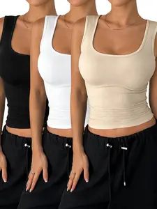 Women's Slim-Fit U-Neck Sleeveless Tank Top, High Elasticity Ribbed Fabric, Casual Fitted Design, Perfect Inner & Outer Wear, All Seasons, Basic