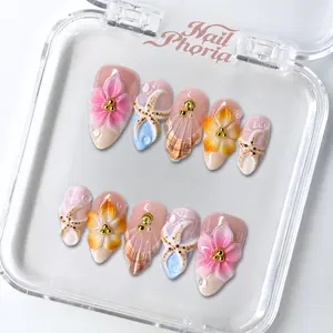 NailPhoria CORAL SPRITZ -SUMMER Handmade Press-On Nails | Reusable, Salon-Quality, Long-Lasting, Glossy Design
