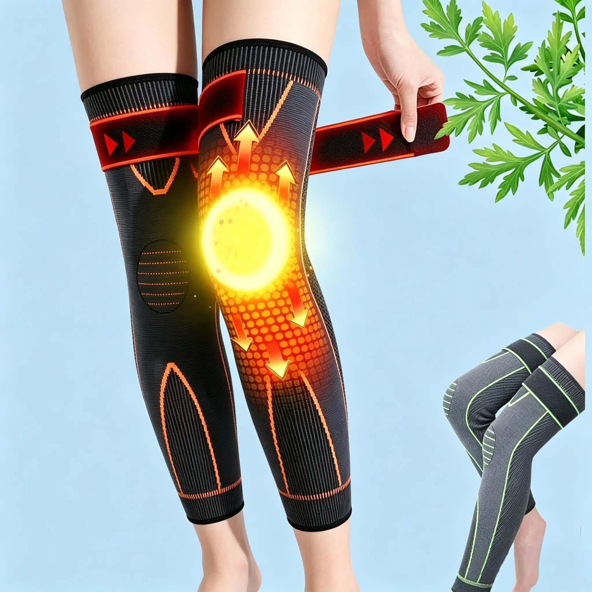 2 Pcs Full Length Mugwort Compression Knee Sleeves,Knee Protection for Warmth,Joint & Leg Support,Pain Relief for Basketball Cycling Sport