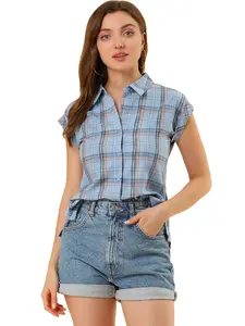 INSPIRE CHIC Summer Plaid Tops Short Sleeves Button Down Shirt