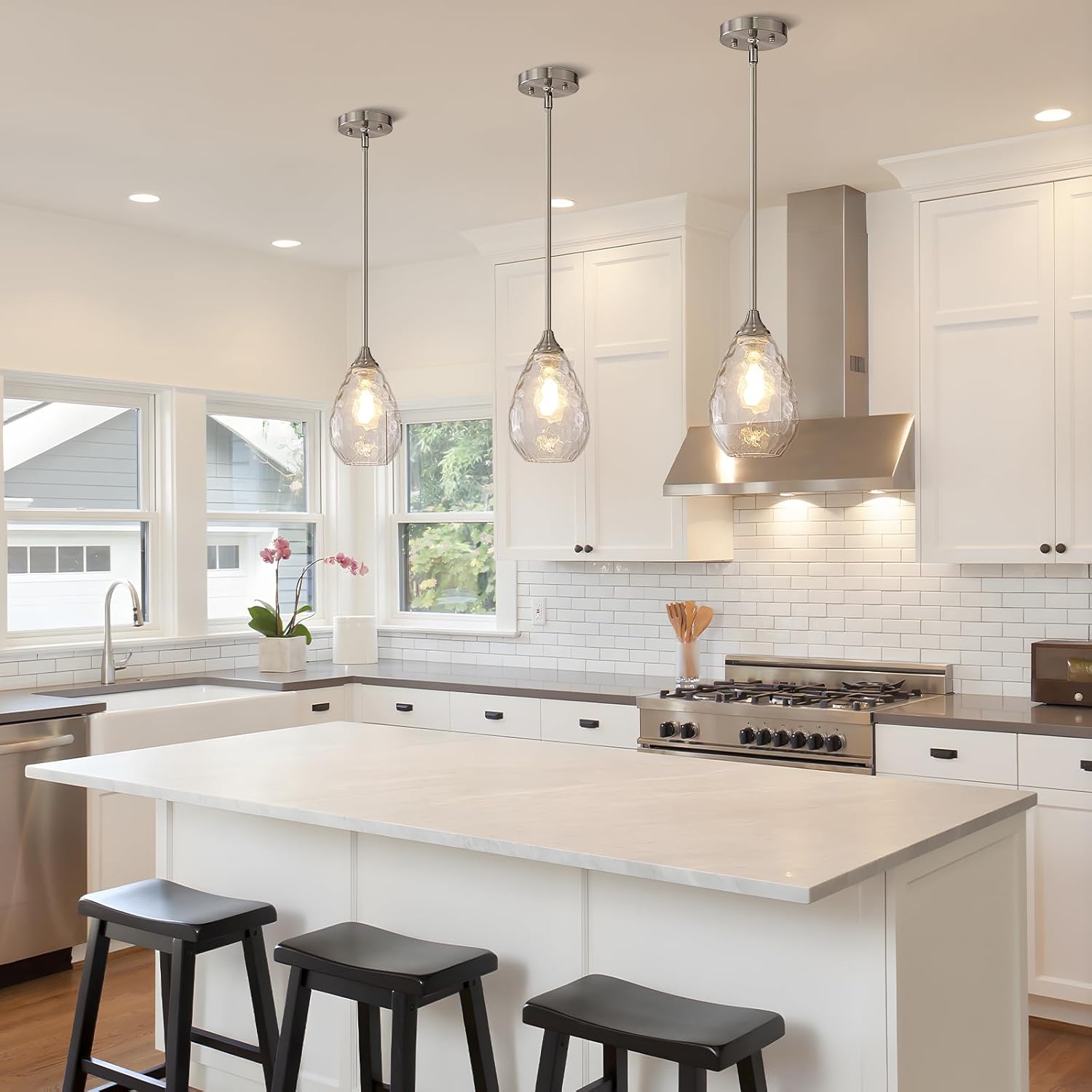 Glass Pendant Lights Kitchen Island, 1-Light Modern Brushed Nickel Fixtures with Hammered Glass & Rods Small Hanging Light for Kitchen Sink Dining Room Bathroom