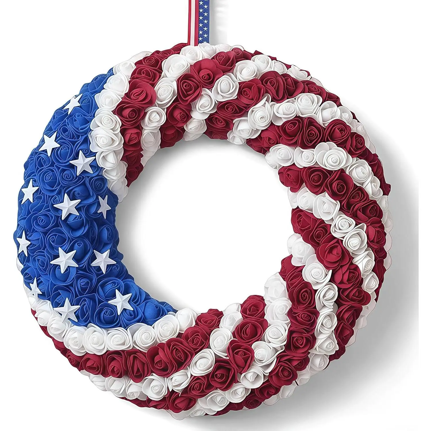 16 Inch Patriotic Rose Wreath 250th Anniversary, Red White and Blue Foam Flower Wreath for Front Door, Waterproof Fade-Resistant Handmade, Easy Hang for 4th of July Memorial Day Outdoor Decor