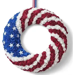 16 Inch Patriotic Rose Wreath 250th Anniversary, Red White and Blue Foam Flower Wreath for Front Door, Waterproof Fade-Resistant Handmade, Easy Hang for 4th of July Memorial Day Outdoor Decor