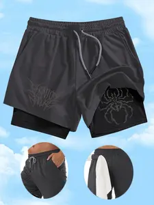 Men's Y2K Spider Thorn Text Print Basketball Streetwear Sports Shorts, Multi-Pocket Double-Layer Sports Pants, Breathable Comfortable Outdoor Running Gym Wear, Breathable Printed Shorts