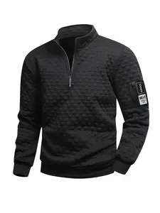 Men's casual stand up collar long sleeved sweatshirt - Knitted fabric checkered pattern outdoor fitness activity top