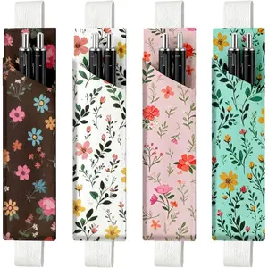 4 count 4 Styles Elastic Pen Holder Green Leather Pencil Pouch for Notebook Colorful Wildflowers Print Adjustable Band Leather Pen Case Compatible for Journal  Planner Binder Office Use