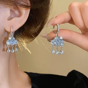 Unique Design Blue Rhinestone Ear Clips, Cloud Tassel Drop Earrings 2026 New Arrival, Minimalist Luxury & Versatile Jewelry for Women