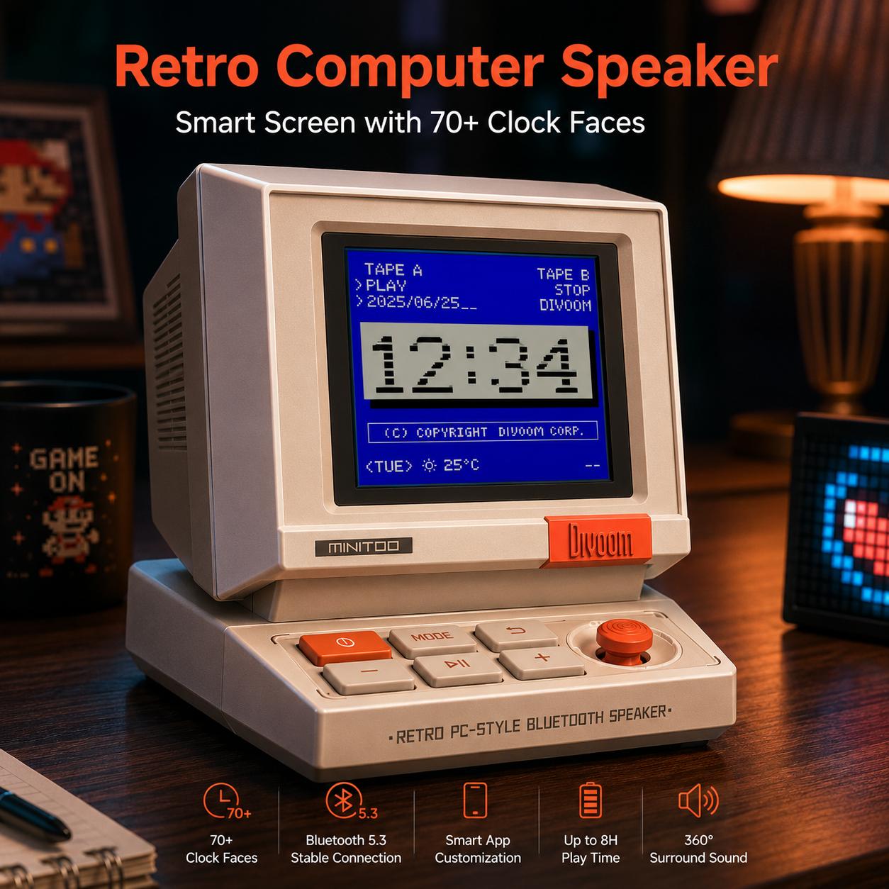 Divoom MiniToo Retro Pixel Bluetooth Speaker – 90s-Inspired PC Design,App Control, Alarm, White Noise, Retro Desk Portable Speaker for Music,Gaming Room Decor