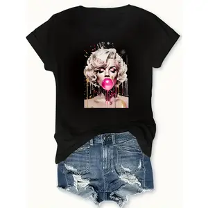 [Stylish Women'S T-Shirt] Comfortable & Stylish Women'S Black T-Shirt Crew Neck, Short Sleeve, Casual Athletic Wear, Unique Portrait Print
