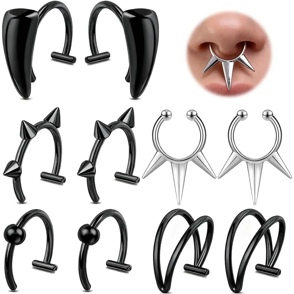 Nickel-Free Silver Stainless Steel Non-Piercing Lip Cuff Set - Painless Fake Lip Ring, Vampire Teeth Ring, Fake Labret, Adjustable Ear Cuff, 1.0*10.5mm Faux Body Jewelry for Women, Female, Nose Ring