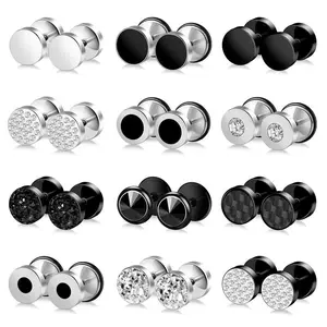 12 Pairs Stainless Steel Black Silver Stud Earrings for Men &Women  fashion daily wear,Mens EarringsGift