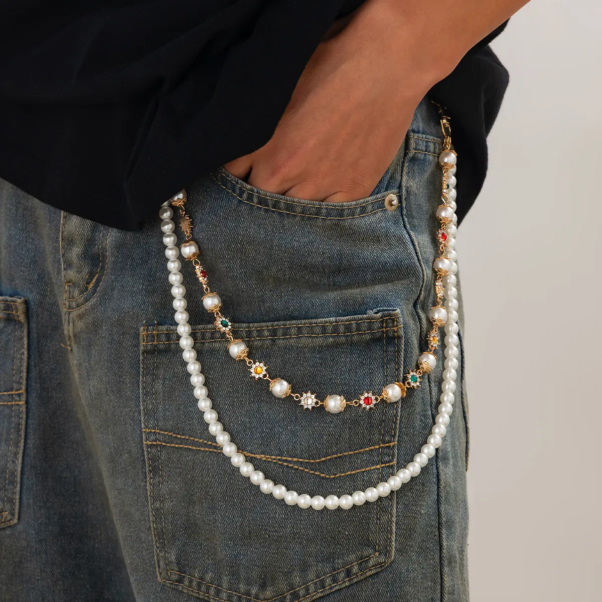 Layered Wallet Chain with Vintage Pearl & Flower, Rhinestone Bling Jewelry for Men Women, Punk Streetwear Jeans & Pants Accessory, Bling Chain, Bead