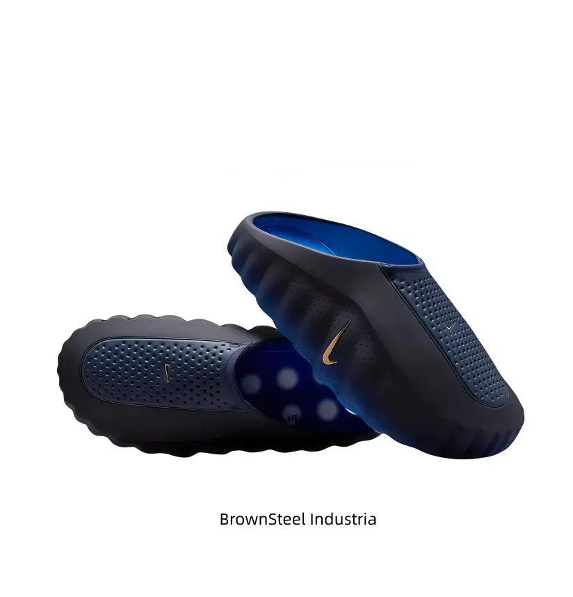 Black-Blue Gradient Mule Slides, Gold Accent, Silver-Grey Cushioning Massage Outsole, Perforated Upper, Futuristic Tech Slides