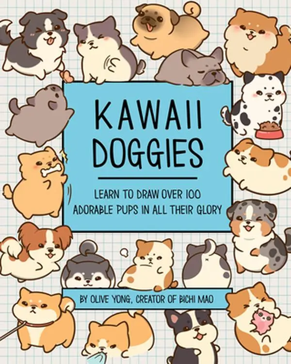 Kawaii Dog Drawing Instruction Book, English Trade Paperback by Olive Yong - 75 Step-by-Step Tutorials for Adorable Puppies in Daily Activities, Facial Expression Directory, Introduction to Kawaii Art Aesthetic, 9.7" h x 8.3" l x 0.9" w