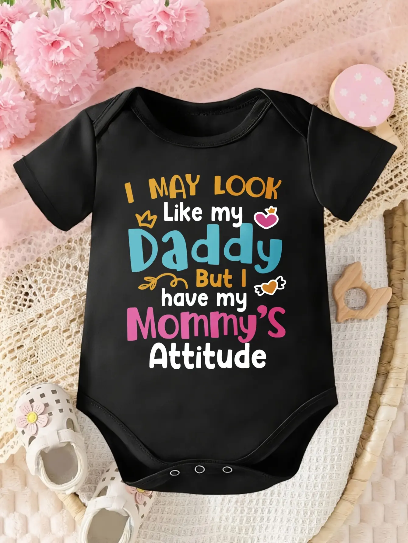 Unisex Soft Cotton Breathable Short-Sleeve Black Baby Bodysuit - Snap Closure, Family Slogan "I May Look Like My Daddy But I Have My Mommy’s Attitude", Colorful Letter Crown Heart Print Infant Onesie