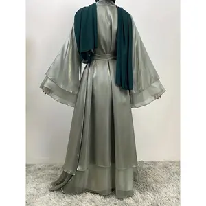 Elegant Black Satin Muslim Abaya Kaftan - Long Sleeve, Flowing Maxi Dress with Belt, Glossy Finish, Machine Washable, Perfect for Spring/Fall, Muslim Dress