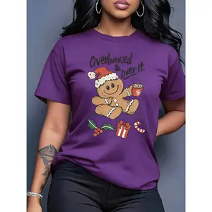 100% Cotton, Women's Christmas Short Sleeve Top, Vintage Gingerbread Man Print, Round Neck, Holiday Gift, Machine Washable, Comfortable, Soft, Breathable, Suitable for Spring, Summer, and Autumn, Loose Casual Fashion Commuting Daily Simple Versatile