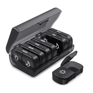 Pill Organizer, Pill Box 7 Day with One-Side Large Openings, Black Privacy Protection AM PM Pill Case for Medication, Vitamins, Fish Oils, Supplements