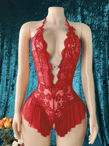Sexy altgirl babydoll Cozy Breathable Push Up Bodysuit for Everyday Wear, Lingerie for All Seasons Ladies' Backless Floral Lace  Mini Bodysuit with Cutout Bra & Adjustable Straps for Everyday & Bridal Wear Bright Red Minimalist woman under fation women's