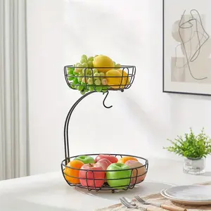 Cross-border JIT dropshipping 2-layer Metal Fruit Basket for Restaurant & Home Use Snack Storage Fruit Plate Black Organiser Rack