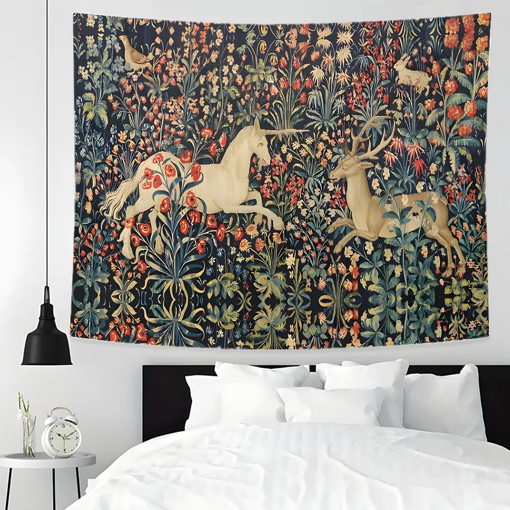 Medieval Unicorn Design Large Flower Pattern Tapestry, Vintage Floral Forest Wall Hanging with Deer & Mythical Creatures, Bohemian Gothic Art Room Decor, Easy to Clean, Multiple Sizes, Home Decor for Living Room Bedroom Dorm, Great Gift for Family Friends