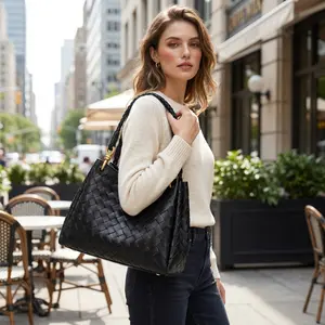 Woven Tote Bag for Women Large Capacity Shoulder Bag with Braided Straps and Gold Hardware