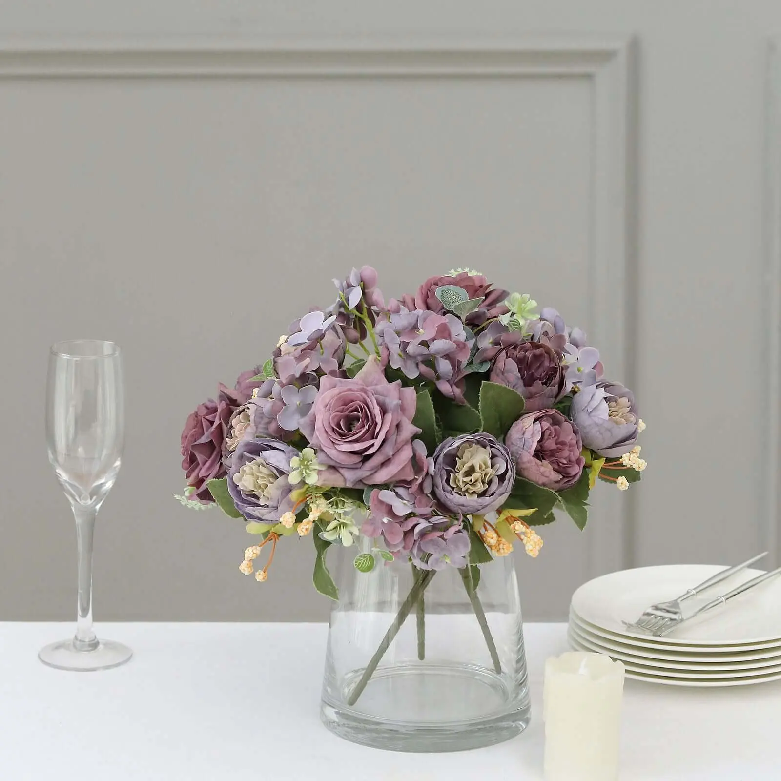 2-Pack Decorative Silk Rose Bouquets - Mixed Peony & Hydrangea Artificial Flowers, 12" Purple Centerpieces for Wedding, Anniversary, Home Office Flowers Decor