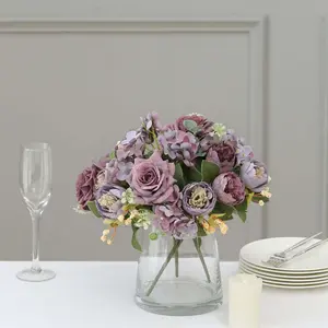 2 Pack Silk Rose Bouquets Mixed Peony & Hydrangea - 12" Purple Artificial Floral Arrangements