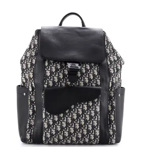 Pre-owned Dior Canvas Plain, Leather Backpacks Christian Saddle Pocket Backpack Oblique Canvas and Leather Large by Rebag