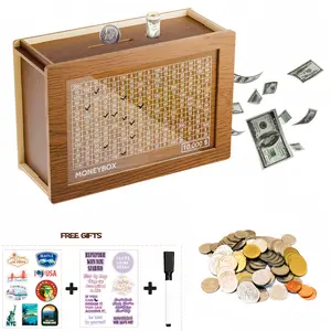2026 New Wooden Money storage jar Money Bank, Countdown Money Saving Box with 10000 Dollars Target, Money storage jar with Money Target and Numbers to Check for Boys Girls (10000 USD)