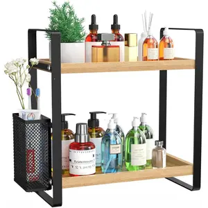 2-Tier Wood Bathroom Counter Organizer with Basket, Waterproof Vanity Perfume Skincare Storage for Bathroom, Kitchen and Dresser